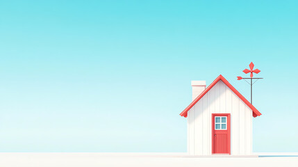 A charming, minimalist house with a red roof against a clear blue sky, symbolizing warmth and tranquility.
