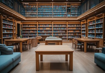 Modern Library Interior with Wooden Bookshelves