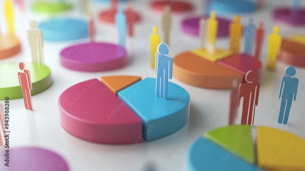 Poster colorful pie charts with figures, representing data analysis and business insights for presentations