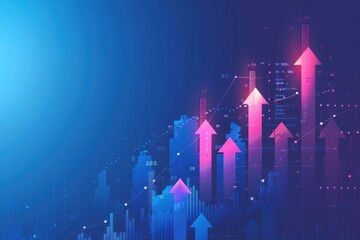 A blue background with a series of pink and purple arrows pointing upwards