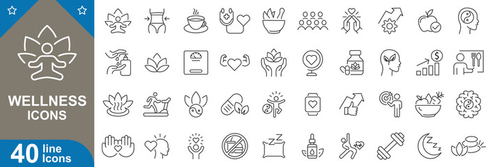 Wellness icons set. Meditation, healthy eating, exercise, sleep, hydration, mental health, yoga, aromatherapy, heart health, care and more. vector illustrator