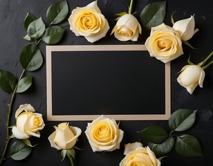  Blank condolence card, memorial card, greeting card with fresh Roses on the dark and neutral background. Empty place for a text.