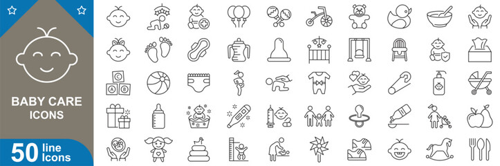 Baby care icons set. Change, pacifier, stroller, clothes, bath, cradle, boy, rattle, chair, wipes, monitor and more. vector illustrator.