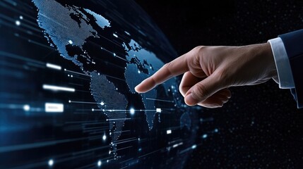 A hand in business attire gestures toward a screen filled with white squares, illustrating a vast network and global communication against an abstract Earth backdrop