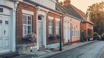 A beautiful street with old historic houses, doors, windows and flowers on the windowsills.