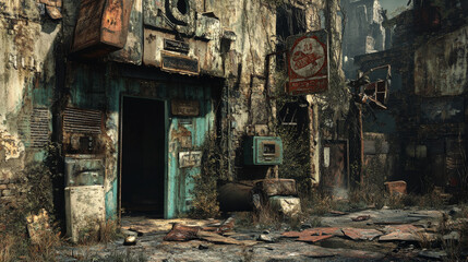 A desolate, abandoned building with a green door and a red sign that says "Fish"