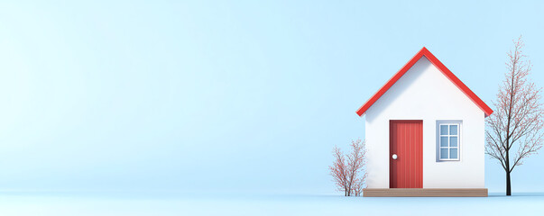 A charming white house with a red roof and door, surrounded by snow and bare trees against a soft blue sky.