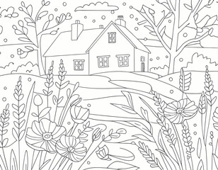Naklejka premium line drawing of house in the forest
