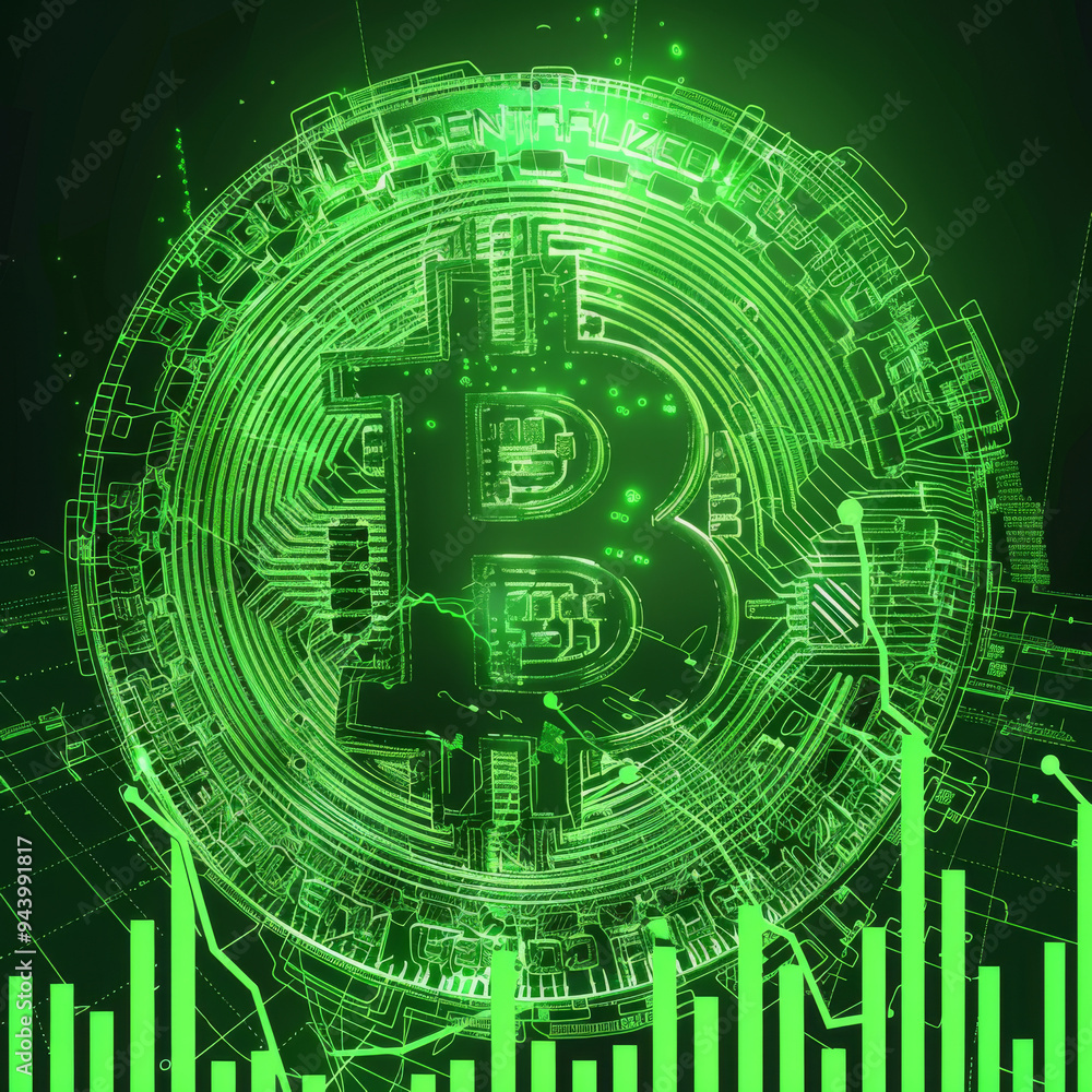 Wall mural Green boticoin coin and cryptocurency graphicks on green background