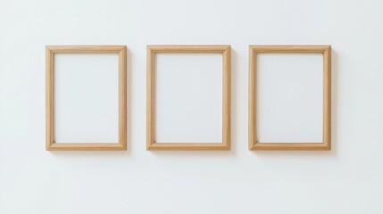 Three wooden picture frames on a clean white wall, creating a minimalist scene for art or photography.