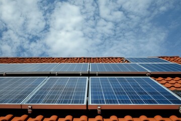 Solar panels on a modern roof under a bright blue sky. These energy-efficient solutions promote sustainability. They provide clean energy for homes. Generative AI
