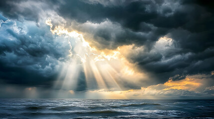 Dramatic clouds parting to reveal sunlight over turbulent sea, evoking sense of awe and tranquility.