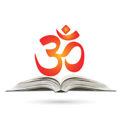 Om or Aum is a sacred Indian sound. Om symbol sign on an open book, white background. Symbol of the divine triad of Brahma, Vishnu and Shiva.