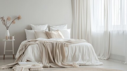 Serene Coastal Bedroom Oasis: Minimalist Design with Comfortable Bed and Chic Decor