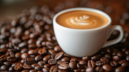Coffee Cup Surrounded by Roasted Beans
