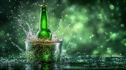 A bottle of beer, bursting out from an ice bucket filled with water, surrounded by green light in a dynamic scene. Background is dark green. Beer and Oktoberfest advertising. Copy space