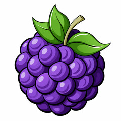 A Single Cartoon Blackberry with Green Leaves and a Stem