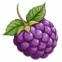 A Single Cartoon Illustration of a Purple Blackberry with Green Leaves