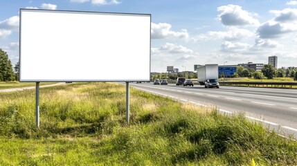 A large empty billboard stands along a busy highway as cars and trucks drive by, framed by a scenic cityscape under a clear blue sky filled with fluffy clouds