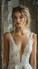 Fototapeta premium A girl in a white boho wedding dress stands in front of a mirror. A young woman is about to get married. Advertising of a wedding salon.