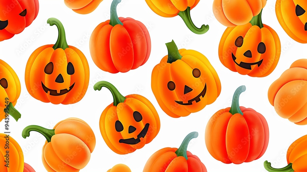 Poster A pattern of orange pumpkins with faces on them. The faces are smiling and the pumpkins are arranged in a way that creates a sense of movement and energy. Scene is cheerful and festive
