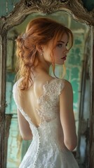 Fototapeta premium A girl in a white boho wedding dress stands in front of a mirror. A young woman is about to get married. Advertising of a wedding salon.