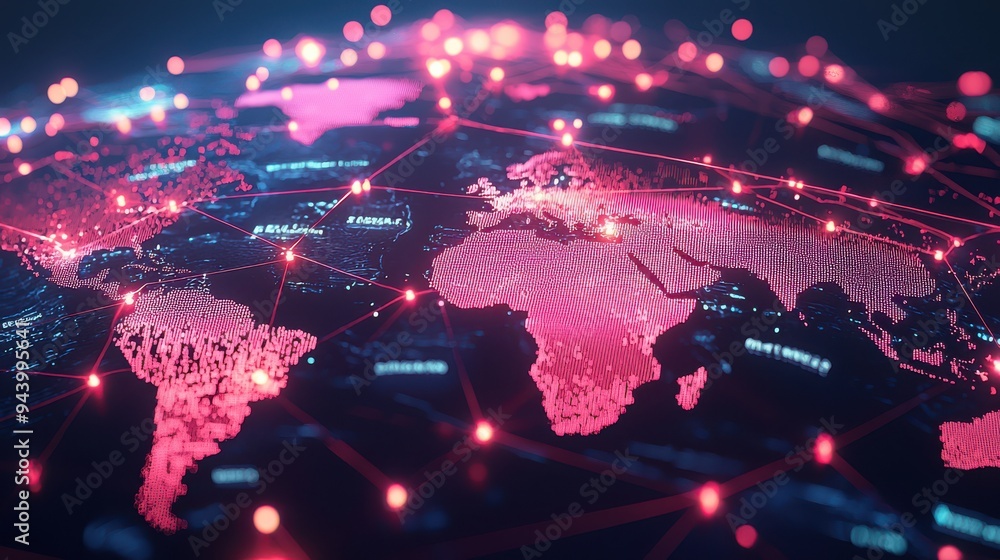 Leinwandbilder A digital world map highlighting continents with glowing red nodes and connecting lines, symbolizing global connectivity and data networks.
