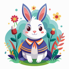 White Rabbit Wearing a Blue and Orange Cape Sitting in a Field of Flowers