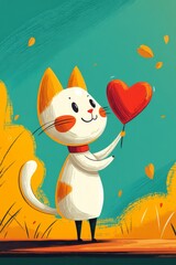 Fototapeta premium Illustration of a white cute cat on a yellow background with a red heart in its paws. A cute card for Valentine's Day and as a gift for a friend or lover. Illustration in cartoon style about love