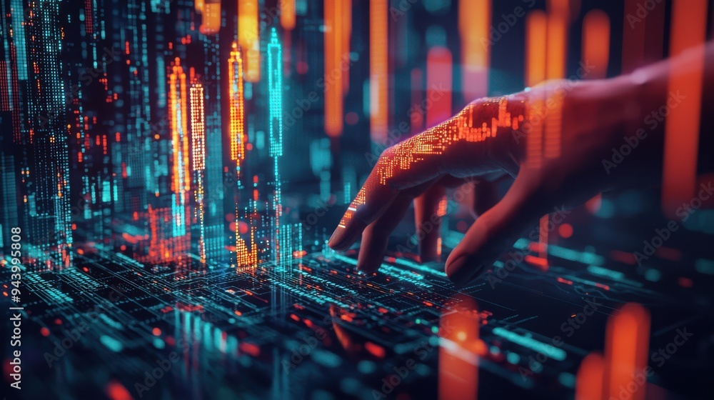 Aufkleber A hand reaching out to touch a futuristic digital interface with illuminated data streams and virtual skyscrapers, representing technology and innovation.
