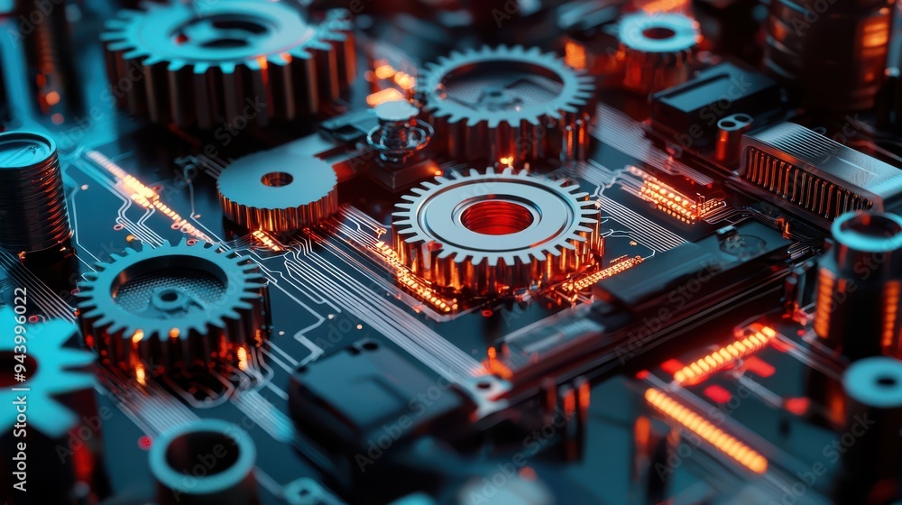 Aufkleber close-up of mechanical gears integrated with a digital circuit board, symbolizing the fusion of mech