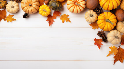 Fall background with orange pumpkins and fall leaves