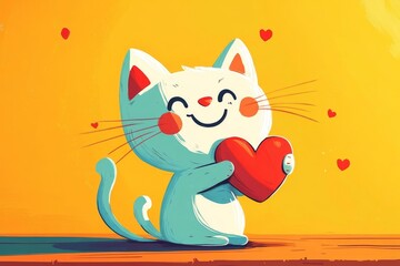 Illustration of a white cute cat on a yellow background with a red heart in its paws. A cute card for Valentine's Day and as a gift for a friend or lover. Illustration in cartoon style about love
