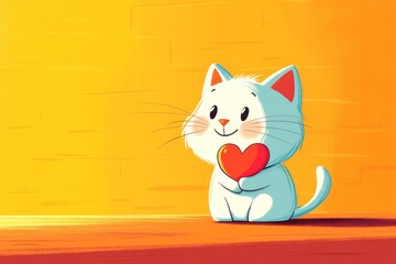 Illustration of a white cute cat on a yellow background with a red heart in its paws. A cute card for Valentine's Day and as a gift for a friend or lover. Illustration in cartoon style about love