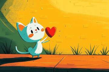Illustration of a white cute cat on a yellow background with a red heart in its paws. A cute card for Valentine's Day and as a gift for a friend or lover. Illustration in cartoon style about love