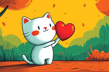 Illustration of a white cute cat on a yellow background with a red heart in its paws. A cute card for Valentine's Day and as a gift for a friend or lover. Illustration in cartoon style about love