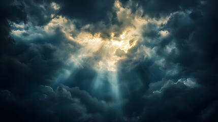 Obraz premium Dramatic clouds with rays of light breaking through, creating sense of awe and wonder. interplay of light and shadow evokes feeling of tranquility amidst storm.