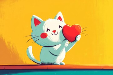 Illustration of a white cute cat on a yellow background with a red heart in its paws. A cute card for Valentine's Day and as a gift for a friend or lover. Illustration in cartoon style about love