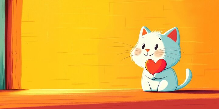 Illustration of a white cute cat on a yellow background with a red heart in its paws. A cute card for Valentine's Day and as a gift for a friend or lover. Illustration in cartoon style about love - Powered by Adobe