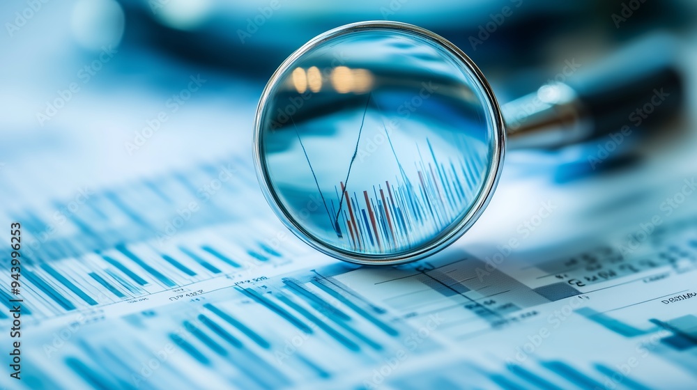 Poster analyzing financial data with a magnifying glass to focus on trends and insights in a report on a de