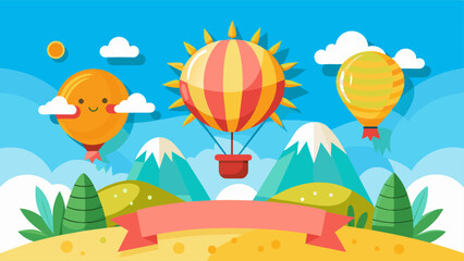 Summer time vector banner design. Sun and hot air balloons flying over sky background