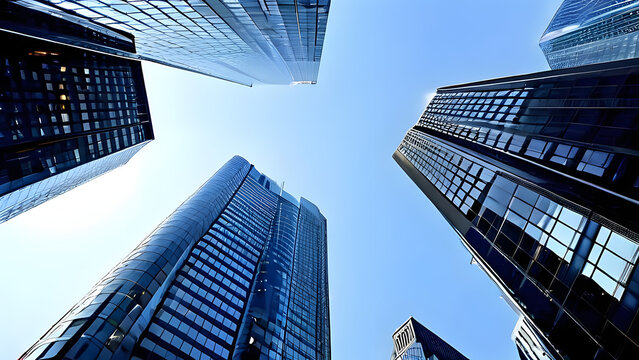 Fototapeta Business skyscrapers in the Financial District seen from below, metropolitan City Center