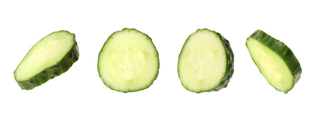 Round cucumber slices isolated on white, collage