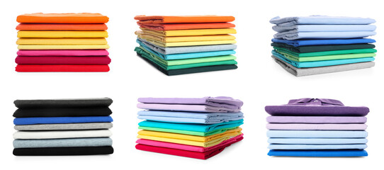 Stacks of different t-shirts isolated on white, collage