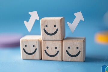 Three wooden blocks with smiling faces on them are stacked on top of each other
