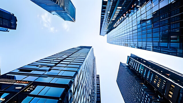 Fototapeta Business skyscrapers in the Financial District seen from below, metropolitan City Center