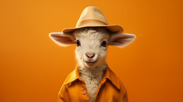 Baby goat in a farmer’s outfit with a straw hat - Powered by Adobe