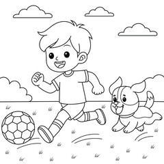 Cartoon boy is playing soccer with dog, Football coloring page for kids