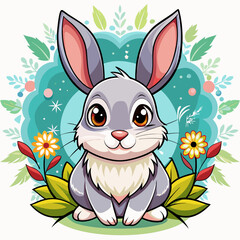 Adorable Gray Rabbit Sitting in a Floral Setting