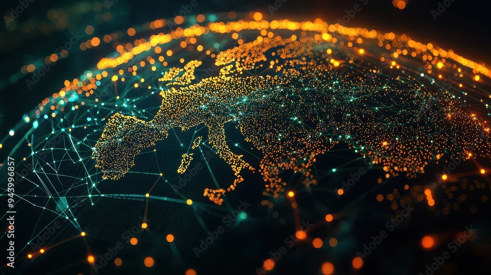 Aufkleber A digital representation of a global network with glowing nodes and connections, showcasing interconnectedness across continents and technological communication.
